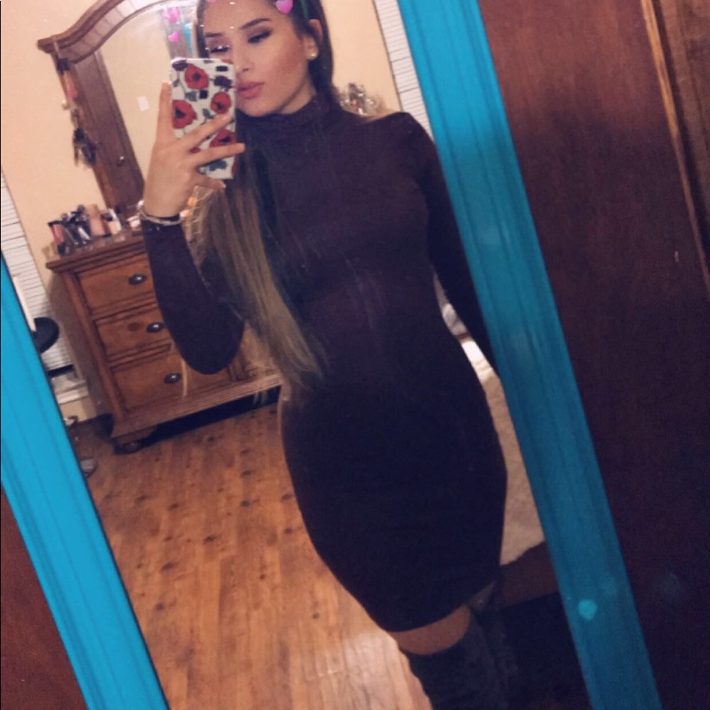 Brown long sleeve turtleneck dress.